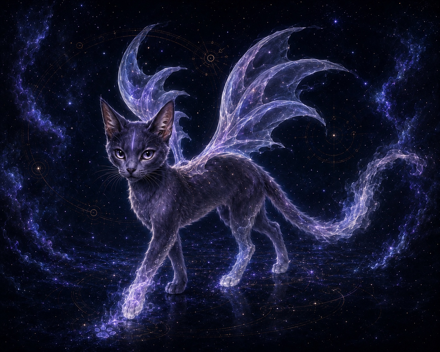 薄い霧の翼と、透明にほどける尾を持つ猫